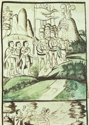 Cortes betritt das Tal von Mexiko zwischen den Vulkanen Popocatepetl (l) und Ixtaccihuatl (r)